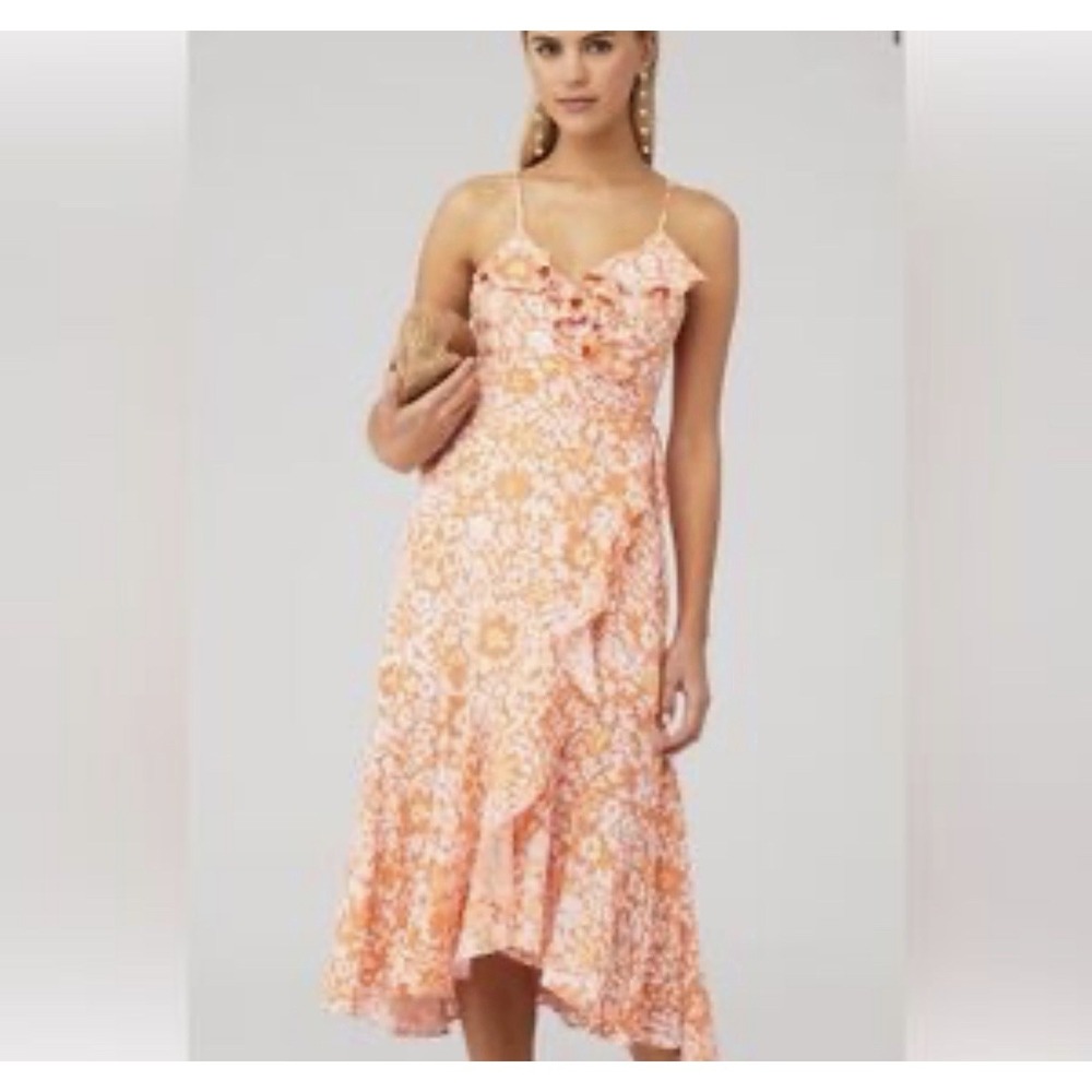 minkpink Orange Floral Ruffle Wrap‎ Midi Dress Boho Summer large spring wedding